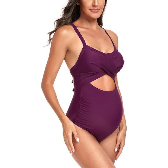NWT New EastElegant Maternity Burgundy Cut-Out One Piece Swimsuit Size Medium - Picture 3 of 8